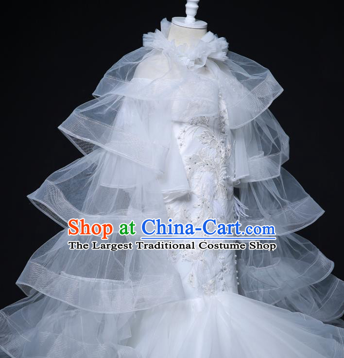 Custom Children Catwalks Garment Costume Christmas Performance White Fishtail Full Dress Victorian Princess Fashion Piano Recital Clothing