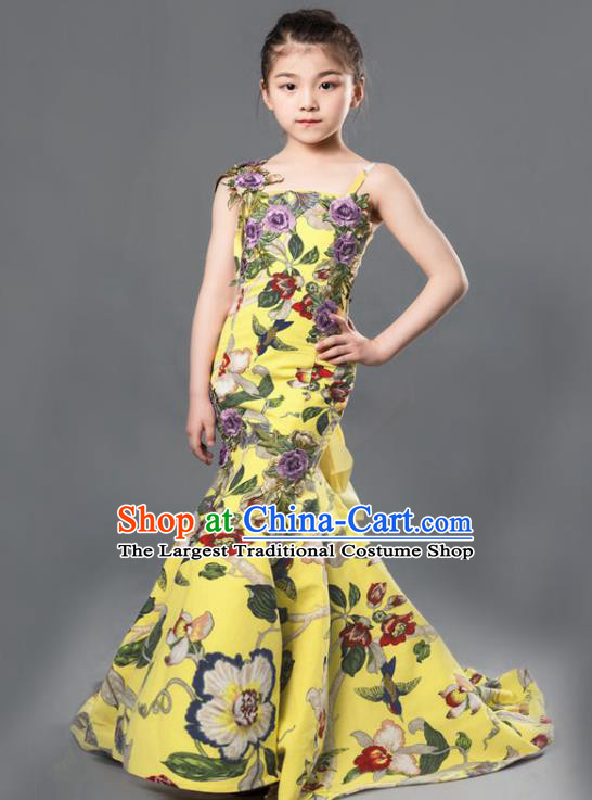 Custom Piano Recital Clothing Children Catwalks Garment Costume Christmas Performance Yellow Fishtail Full Dress Flowers Fairy Fashion