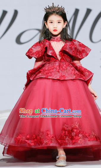 Custom Children Catwalks Garment Costume European Princess Wine Red Full Dress Girl Piano Recital Fashion Modern Dance Clothing