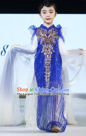 Chinese Stage Show Fashion Girl Catwalk Clothing Classical Dance Garment Costume Children Compere Royalblue Full Dress