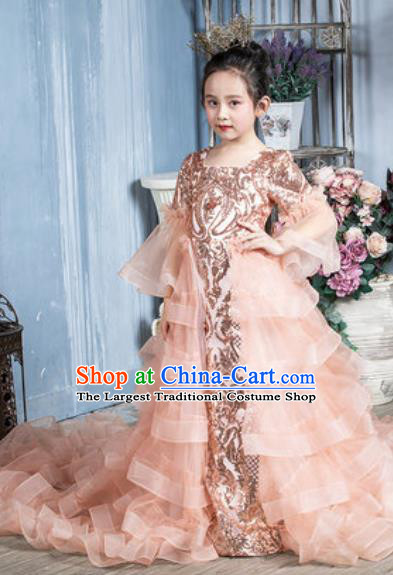 Custom Children Catwalks Garment Costume Baroque Princess Pink Trailing Full Dress Girl Piano Recital Fashion Modern Dance Clothing