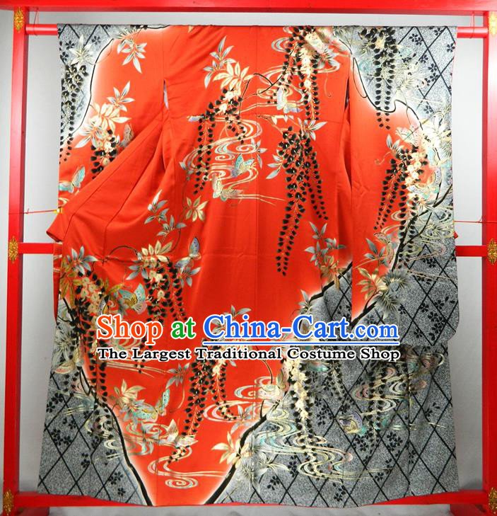 Japanese Traditional Wedding Furisode Kimono Clothing Summer Festival Garment Costume Classical Wisteria Pattern Red Yukata Dress