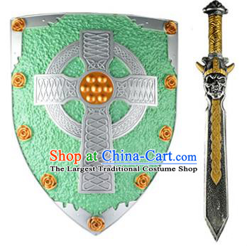 Top Stage Show Knight Accessories Halloween Fancy Ball Warrior Toys Cosplay Hero Sword and Green Shield Masquerade Party Props