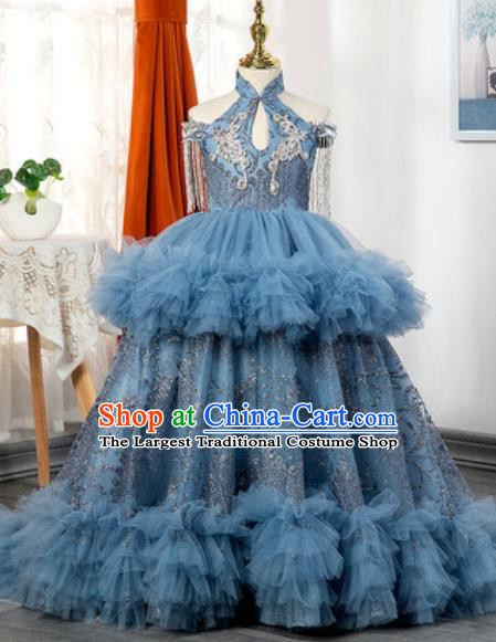 Custom Piano Recital Blue Trailing Full Dress European Girl Princess Fashion Modern Dance Clothing Children Catwalks Garment Costume