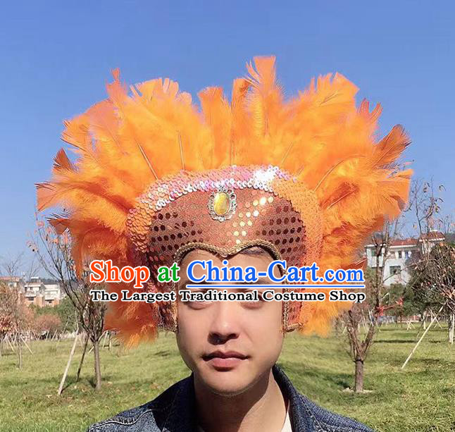 Professional Halloween Apache Tribal Chief Headwear Stage Show Hair Accessories Cosplay Warrior Orange Feather Hat Samba Dance Headdress