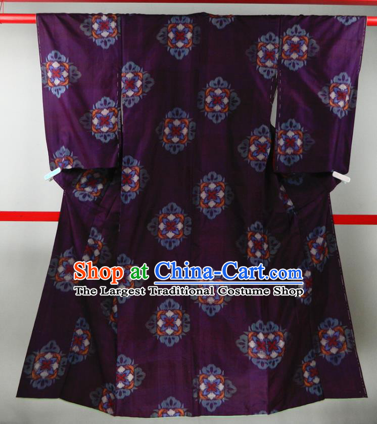 Japanese Traditional Ceremony Garment Costume Bride Mother Purple Yukata Dress Classical Rhombus Pattern Edo Komon Kimono Clothing