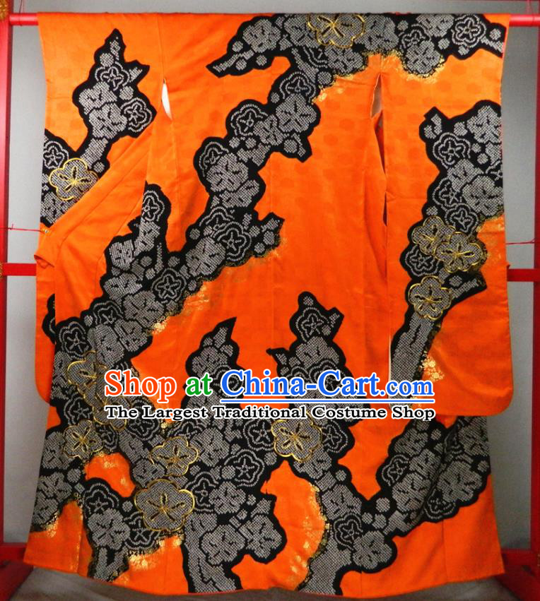 Japanese Court Woman Orange Yukata Dress Classical Plum Blossom Pattern Furisode Kimono Clothing Traditional Wedding Garment Costume