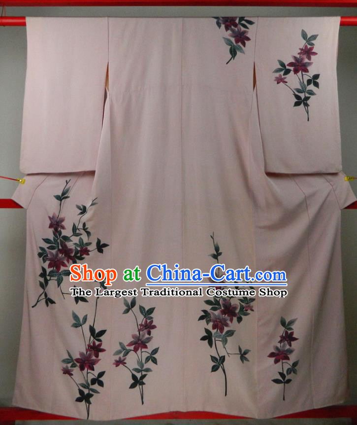 Japanese Traditional Printing Garment Costume Young Woman Pink Yukata Dress Classical Lily Flowers Pattern Tsukesage Kimono Clothing