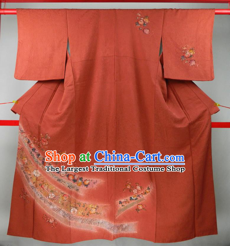 Japanese Classical Tsubaki Flowers Pattern Tsukesage Kimono Clothing Traditional Court Empress Garment Costume Bride Red Silk Yukata Dress