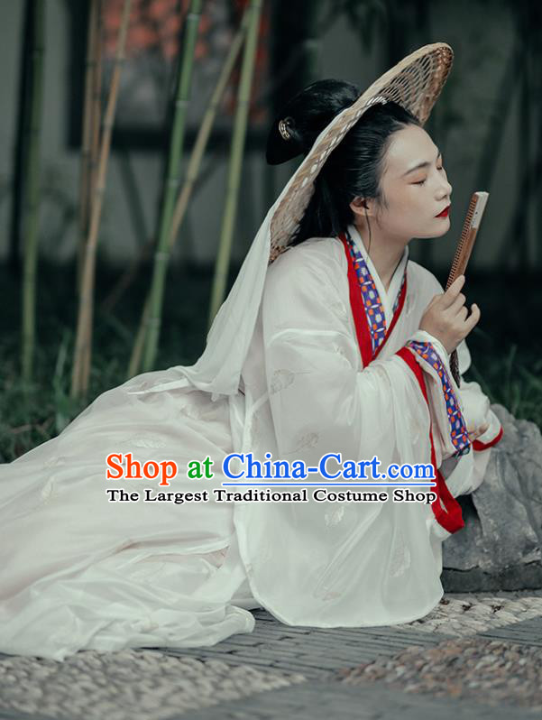 China Song Dynasty Young Beauty White Hanfu Dress Traditional Court Woman Historical Costumes Ancient Aristocratic Lady Garment Clothing