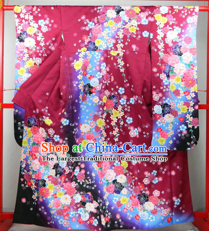 Japanese Traditional Wedding Furisode Kimono Clothing Court Empress Garment Costume Classical Peony Pattern Wine Red Yukata Dress