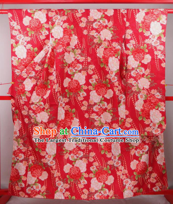 Japanese Court Woman Garment Costume Classical Peony Pattern Red Yukata Dress Traditional Wedding Furisode Kimono Clothing