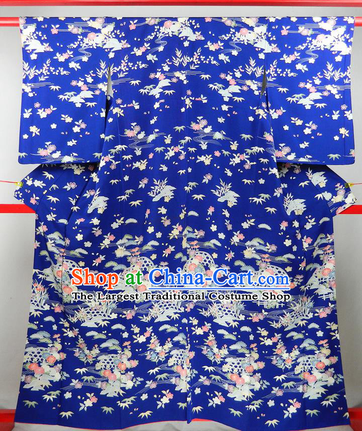 Japanese Traditional Wedding Furisode Kimono Clothing Court Woman Garment Costume Classical Chrysanthemum Bamboo Leaf Pattern Royalblue Yukata Dress