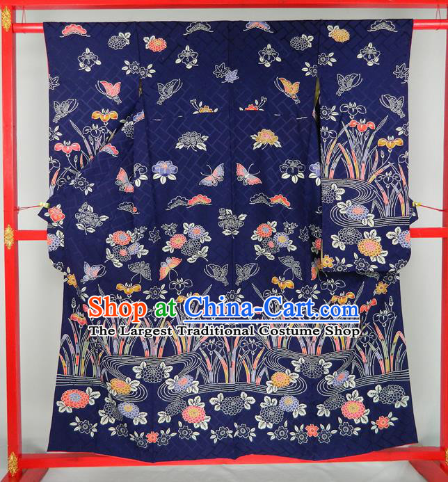 Japanese Traditional Furisode Kimono Clothing Court Empress Garment Costume Classical Orchids Butterfly Pattern Deep Blue Yukata Dress