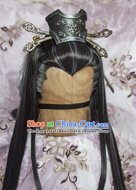 Chinese Traditional Hanfu Gray Wigs Sheath Cosplay Swordsman Shang Buhuan Hairpieces and Hairpins Ancient Taoist Priest Hair Accessories