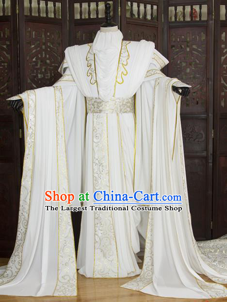 China Ancient Swordsman Garment Costumes Traditional Puppet Show Prince White Uniforms Cosplay Noble Childe Hanfu Clothing