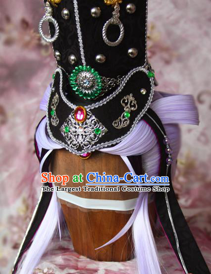 Chinese Traditional Hanfu Purple Wigs Sheath Cosplay Swordsman Hairpieces and Hat Ancient Knight King Hair Accessories