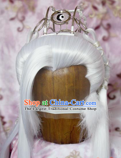 Chinese Cosplay Taoism Immortal Hairpieces and Hair Crown Ancient Elderly Swordsman Hair Accessories Traditional Hanfu Taoist Priest White Wigs Sheath