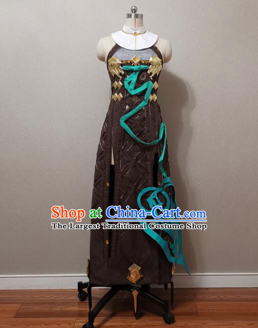 Top Cosplay Female Warrior Brown Dress Halloween Fancy Ball Garment Costume Magic Queen Clothing