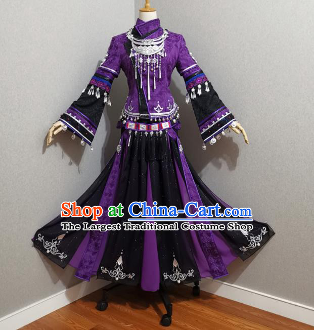 Professional China Ancient Young Beauty Purple Dress Outfits Traditional Ethnic Princess Clothing Cosplay Female Swordsman Garment Costumes