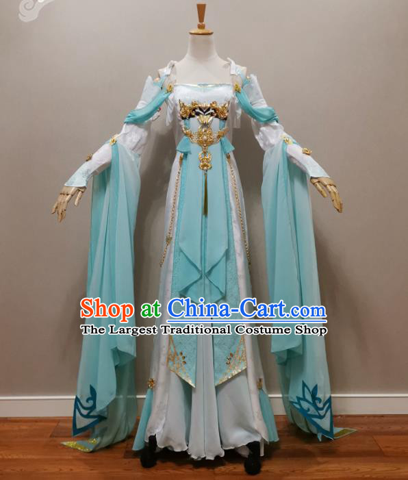 Professional China Ancient Princess Blue Dress Outfits Traditional Flying Fairy Clothing Cosplay Goddess Garment Costumes