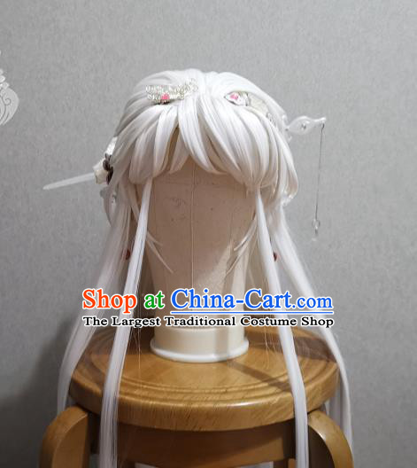 China Cosplay Young Beauty Headdress Ancient Fairy Princess White Wigs and Hairpins Headpieces Traditional Puppet Show Swordswoman Hair Accessories