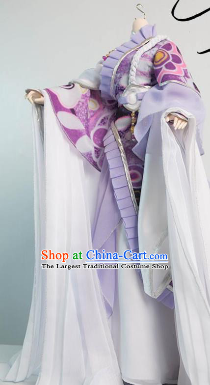 China Cosplay Swordswoman Garment Costumes Ancient Queen Lilac Dress Outfits Traditional Puppet Show Empress Hanfu Clothing