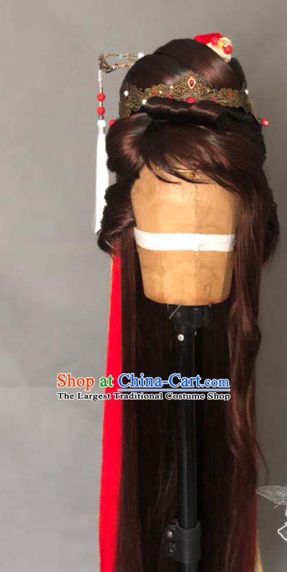 China Ancient Fairy Brown Wigs and Hairpins Headpieces Traditional Puppet Show Ji Yun Hair Accessories Cosplay Swordswoman Headdress