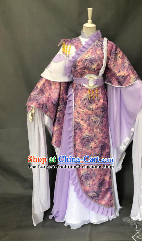 China Ancient Young Beauty Lilac Dress Outfits Traditional Puppet Show Swordswoman Hanfu Clothing Cosplay Fairy Garment Costumes