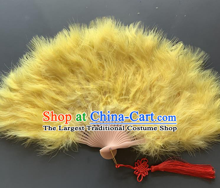 Handmade China Opera Performance Fan Folk Dance Folding Fan Traditional Yellow Feather Fans