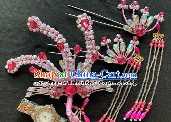 Chinese Beijing Opera Noble Lady Pink Phoenix Hair Crown and Hairpins Peking Opera Hua Tan Hair Accessories Traditional Opera Diva Headpieces