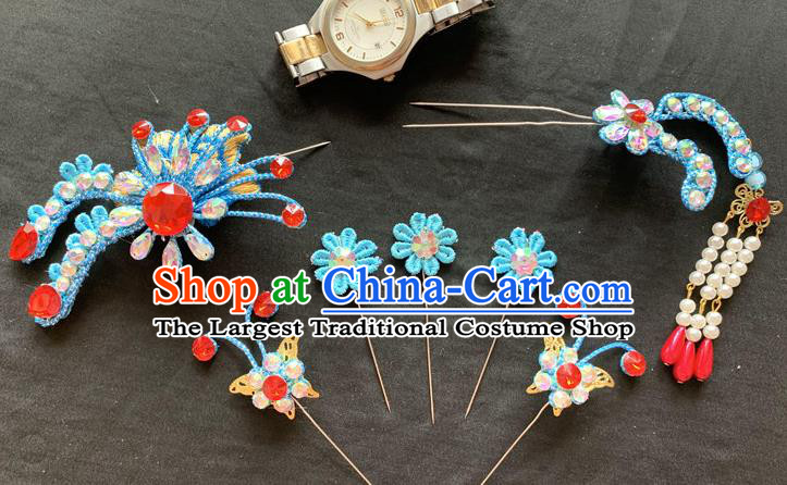 Chinese Beijing Opera Princess Blue Hairpins Peking Opera Diva Hair Accessories Traditional Opera Noble Lady Headpieces