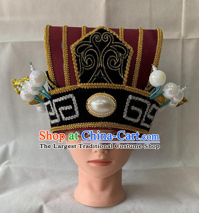 Handmade China Beijing Opera Official Headwear Ancient Prime Minister Helmet Headdress Peking Opera Laosheng Wine Red Hat