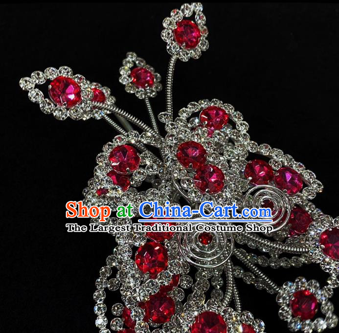 Chinese Peking Opera Actress Crystal Hair Crown Traditional Opera Princess Rosy Butterfly Hairpin Beijing Opera Hua Tan Hair Accessories