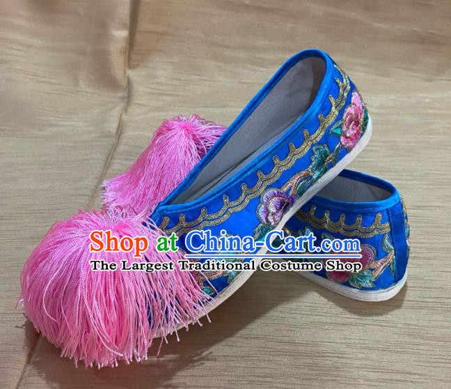 Handmade China Wedding Embroidered Shoes Ancient Princess Shoes Peking Opera Hua Tan Royalblue Satin Shoes Beijing Opera Actress Shoes