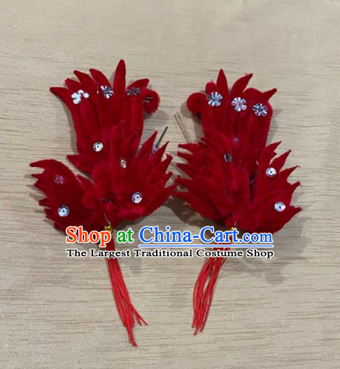 Chinese Traditional Opera Empress Red Velvet Phoenix Hairpin Beijing Opera Hua Tan Hair Accessories Peking Opera Imperial Concubine Hair Stick