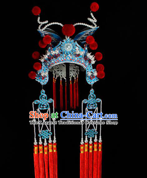 Chinese Traditional Opera Swordswoman Helmet Beijing Opera Wudan Hair Accessories Peking Opera Blues Phoenix Coronet