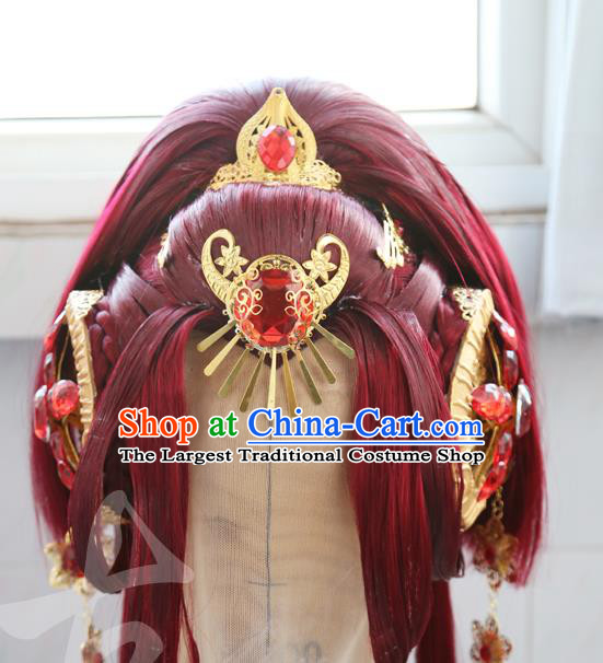 Chinese Traditional Puppet Show Empress Hairpieces Ancient Fairy Hair Accessories Cosplay Goddess Red Wigs Headdress