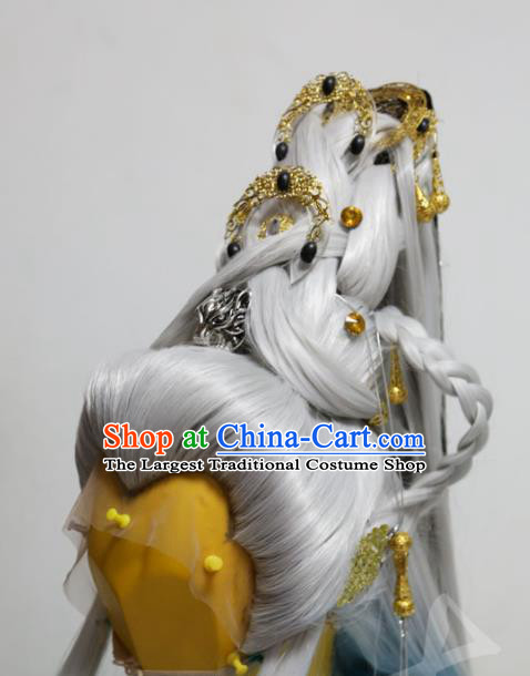 Handmade China Traditional Puppet Show Swordsman Headdress Ancient Taoist Priest Gray Wigs and Hair Crown Hairpieces Cosplay King Hair Accessories