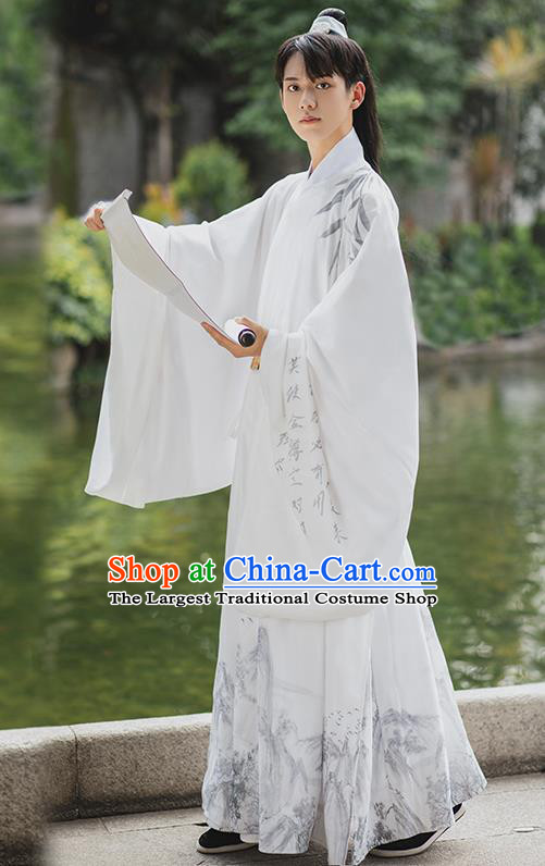 China Ming Dynasty Scholar Garment Costume Traditional Male Historical Clothing Ancient Young Childe White Hanfu Robe