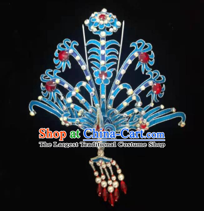 Chinese Huangmei Opera Blue Phoenix Hairpin Beijing Opera Hair Jewelry Traditional Opera Diva Headpiece