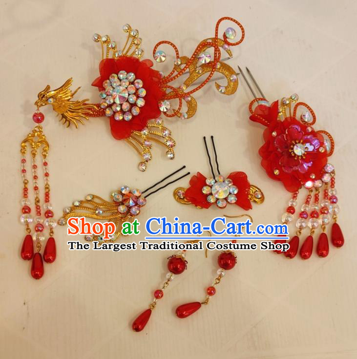 Chinese Shaoxing Opera Actress Phoenix Hairpins Beijing Opera Hua Tan Headdress Traditional Opera Princess Red Hair Accessories