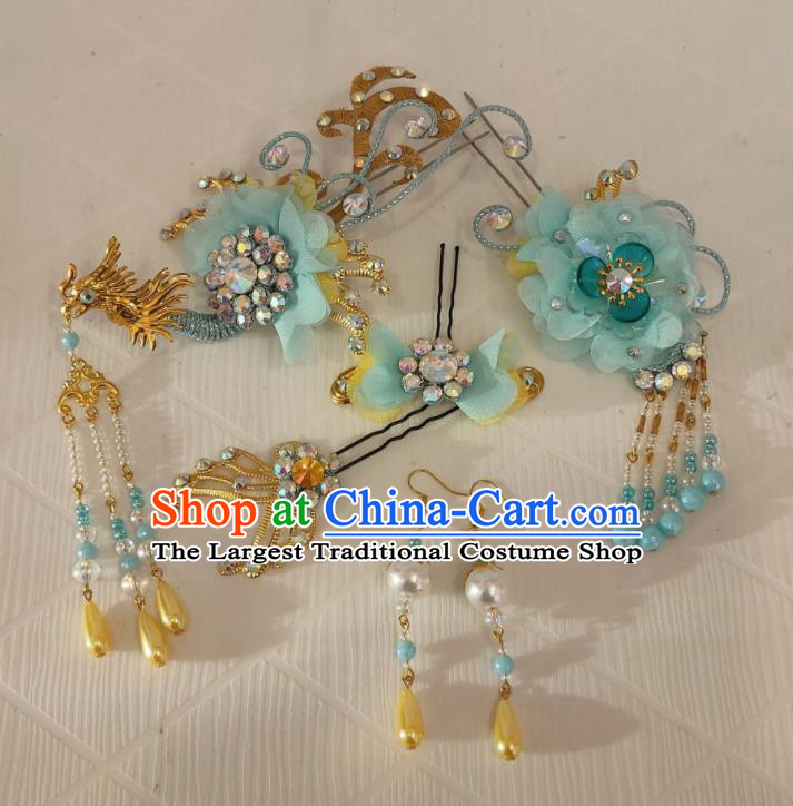 Chinese Shaoxing Opera Actress Phoenix Hairpins Beijing Opera Hua Tan Headpieces Traditional Opera Princess Aqua Hair Accessories