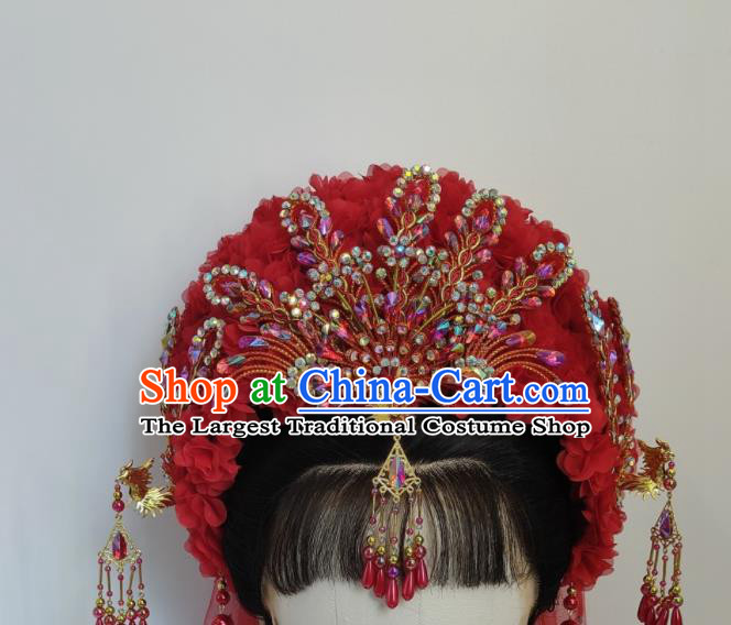 Chinese Huangmei Opera Liu Lan Zhi Headdress Beijing Opera Hua Tan Red Hair Crown Traditional Opera Bride Hair Accessories