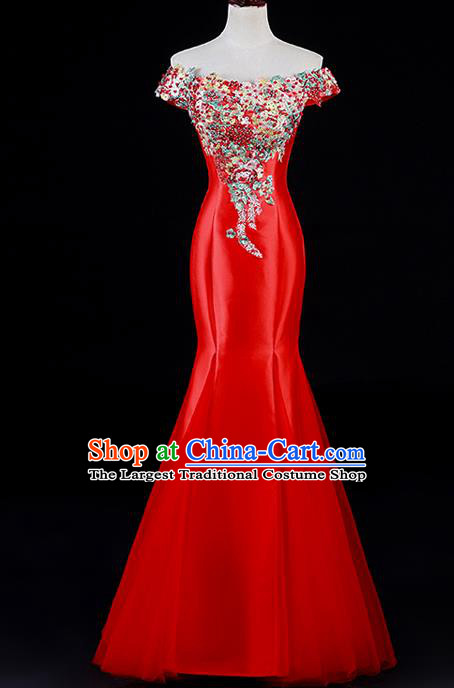 Professional Custom Red Full Dress Dinner Party Formal Garment China New Year Off Shoulder Mermaid Dress