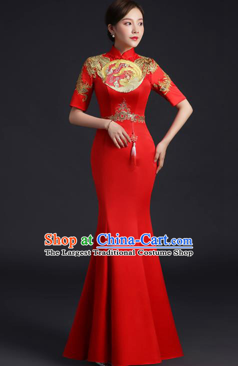 Chinese New Year Middle Sleeve Full Dress Traditional Wedding Qipao Bride Modern Red Cheongsam Embroidered Phoenix Qipao Dress