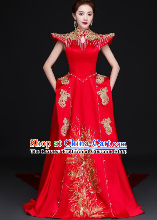 China Professional Embroidery Full Dress Dinner Party Formal Garment New Year Compere Red Dress