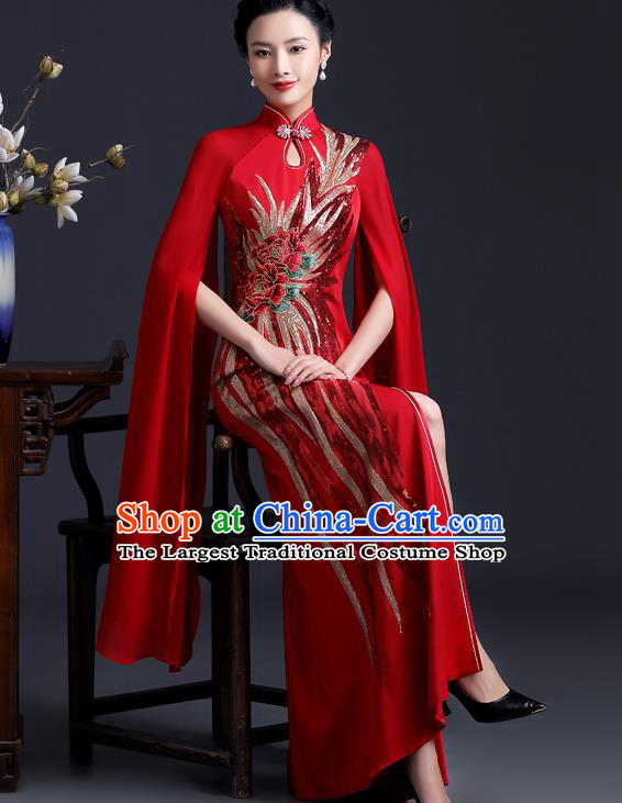 Chinese Modern Cheongsam Traditional Red Qipao Dress Hostess Full Dress Embroidered Peony Qipao Clothing