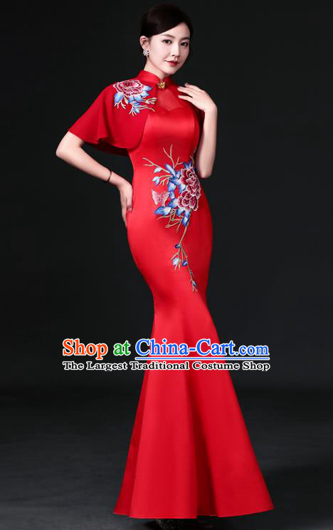 Chinese Hostess Full Dress Embroidered Qipao Clothing Modern Fishtail Cheongsam Traditional Red Tippet Qipao Dress