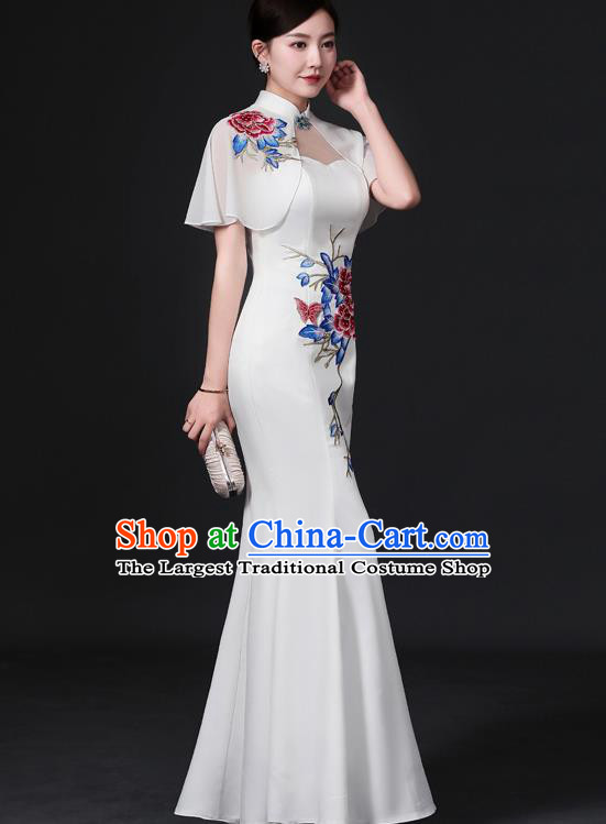 Chinese Traditional White Tippet Qipao Dress Hostess Full Dress Embroidered Qipao Clothing Modern Fishtail Cheongsam